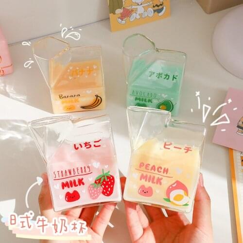 Cute Strawberry Creative Breakfast Cup Kawaii Square Milk Cartoon Glass Cup for Home Portable Student Transparent Milk Cups380ml