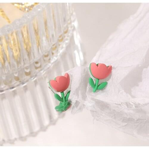 Pink Tulip Cute Stud Earrings Pink Green Tulip Alternate Flower Type Earring Sweet Niche Sense of Design Dangler For Girls
