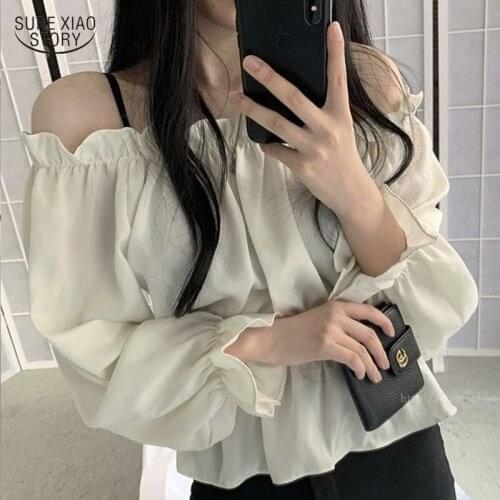 2021 One-line Neck Fashion Flared Sleeve Shirt Lady New Comfort Strapless Women Blouse Waist Slimming Tops Blusas Mujer 15591