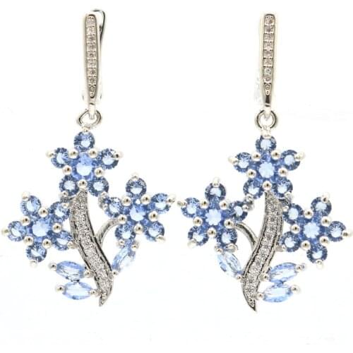43x25mm SheCrown Jewelry Set Flowers Shape Created Violet Tanzanite White Cz Daily Wear Silver Earrings Pendant