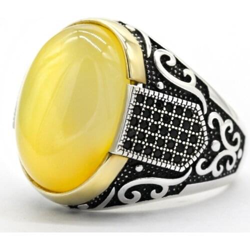 Natural Yellow Agate Ring for Men 925 Sterling Silver Vintage Carved Design with Black CZ Punk Rock Male Rings Turkish Jewelry