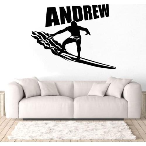 New Personalized Name Surfing Boy Wall Sticker Decal Design Surf Boarding Sports Room Decoration A002578