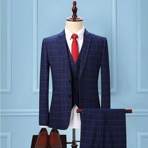 20211 autumn and winter thick wool-like plaid mens suit, slim groom wedding dress, youth professional work suit, two pieces