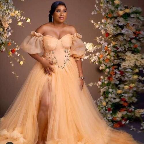 Champagne Aso Ebi Prom Dresses Short Sleeves Beads Off The Shoulder Plus Size Side Split Evening Dress Black Girls Party Gowns