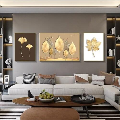 Gold Plant Luxury Picture Home Decor Wall Art Canvas Painting Abstract Fresh Leaves Posters and Prints Art Decor for Living Room