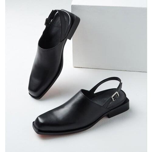 Soft Genuine Leather Trendy Men Close Toe Sandals Fashion Square Toe Low Heels Cool Boys Summer Casual Shoes