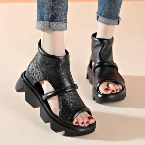 Autumn Summer 2021 Fashion 5.5CM Flat Platform Sandals Breathable Women Shoes Genuine Leather Hollow Peep Toe Female Sandals Zip