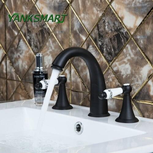 YANKSMART Deck Mounted Bathtub Oil Rubbed Bronze 3 Pieces Double Ceramic Levers Bathroom Basin Sink Brass Faucet Mixer Tap