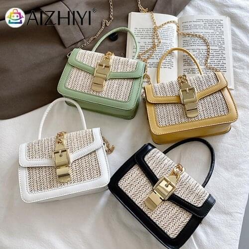Retro Women Bag Woven PU Stitching Messenger Casual Ladies Beach Chain Handbag Female Crossbody Ladies Square Tote Bag
