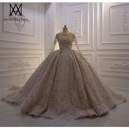 Robe de mariee 2020 Long Sleeve Lace Applique Champagne Wedding Dress