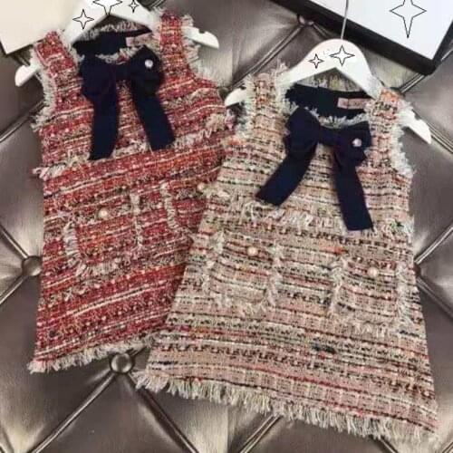 Vintage baby girl tweed small fragrance princess dress kids casual bow birthday party a-lline dress