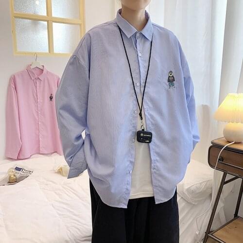 2021 Spring Fashion: Korean bear embroidered versatile striped long sleeve shirt couple shirts