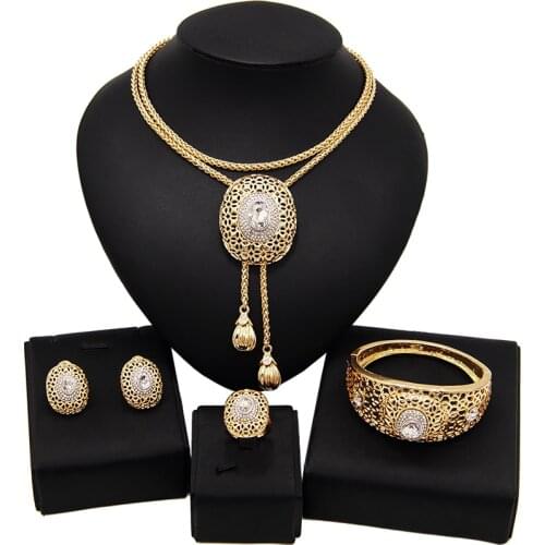 Yulaili African Bridal Jewelry Sets Fashion Rhinestone Gold Color Necklace Earrings Ring Bracelet for Women Party Accessories