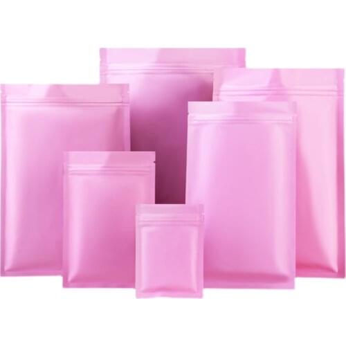 Resealable 100pcs Flat Matte Pink Aluminum Foil Zip Lock Bag Heat Sealing Food Snack Kitchen Spice Travel Logo Printing Pouches