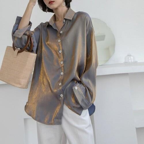 Bella philosophy autumn women Korean solid loose blouse ladies Casual Long Sleeve Blouses female Bright Shine Metallic Tops