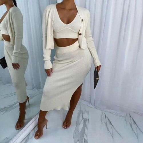 Autumn Ladies Cotton Three-piece Soft Top+Jacket+Split Skirt Matching Suit Solid Stretch Fitness Casual Streetwear White Dress