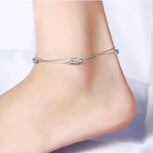 New Fashion Summer Sexy 925 Sterling Silver Double Bead Heart Shape Anklet for women Pendant Chain Ankle Bracelet Foot Jewelry