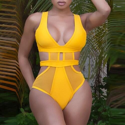2021 Womens Sexy Solid Color Bikini Bodysuit One Piece Hollow Out Swimsuit Summer Fashion Deep V Biquini Beach Wear Swimwear