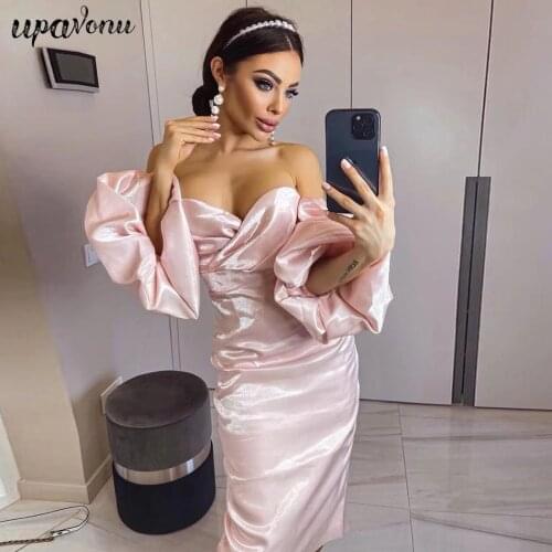 Free Shipping 2021 New Summer Women Fashion Off Shoulder Black Dress Sexy Lantern Sleeve Pink Club Celebrity Evening Party Dress