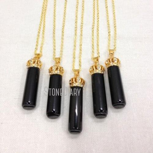 H-QN954 Gold Link Chain Crystal Crown Necklace Healing Stone Black Onyx Agat Cylinder Point Charm Necklace