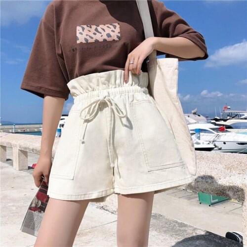 2021 New Denim shorts womens high waist summer version loose and thin elastic waist A line wide leg pants student trend