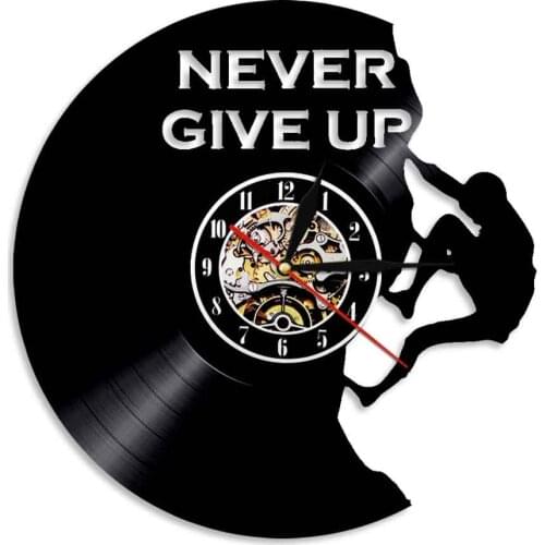 Rock Climbing Quotes Vinyl Record Wall Clock Sports LED Lighting Wall Watch Never Give Up Vintage Decorative Non-Ticking Clocks