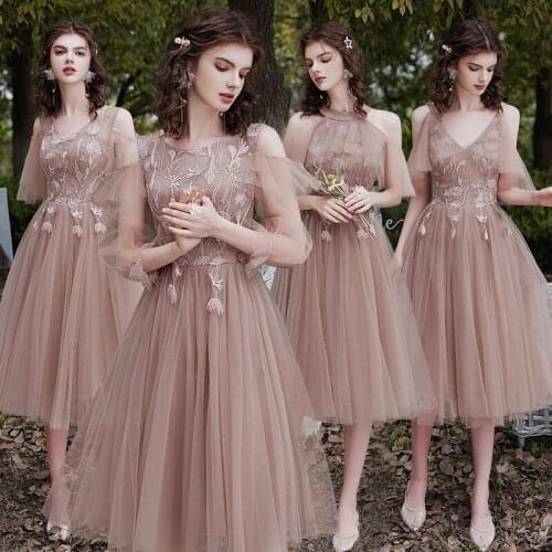 Bridesmaids Dresses Illusion O-Neck Embroidery Off The Shoulder A-Line Tulle Vintage Knee-Length Women Wedding Party Gown E125
