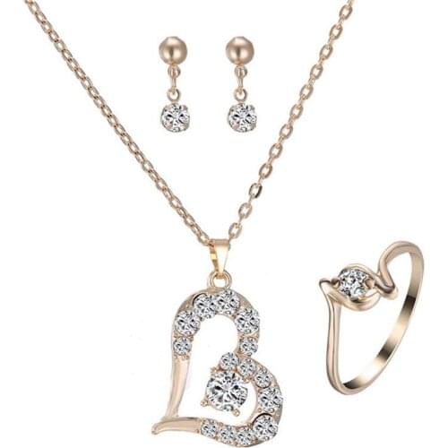 DoreenBeads Hot Fashion Jewelry Set For Valentines Day Gift Zircon Heart Earrings Ring Necklace European American Charms Set