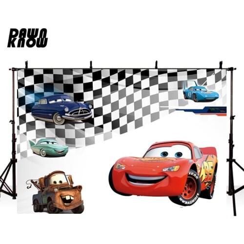 DAWNKNOW Cartoon Racing Red Car Chequered Flag Photography Background Backdrop Birthday Party Decorate Photo Studio Customize