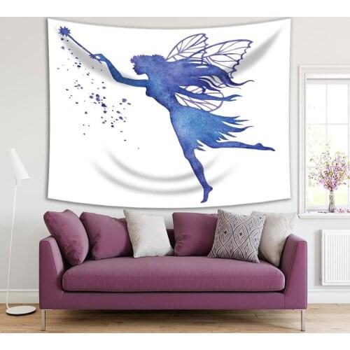 Tapestry Fairy Girl with Magic Wand Silhouette Wizard Elf Dreamy Watercolor Style Blue Illustration Printed