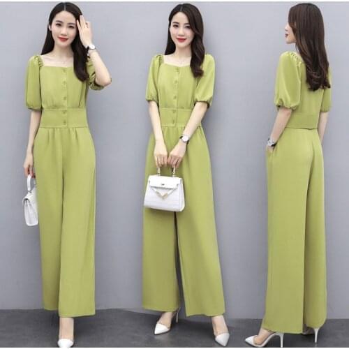 Two Piece Set Women 2021 Summer Clothes For New Fashion Style Slim Temperament Collar Plus Size Crop Top Wide Leg Pants Outfits