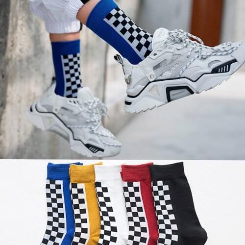 Korea Funky Checkerboard Harajuku Trend Spring Socks Unisex Geometric Checkered Socks Men Hip Hop Cotton Streetwear Novelty Sock