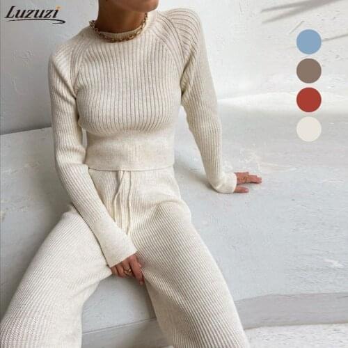 Luzuzi Causual Knitted Sweater Suit Winter Tracksuit Women 2021 Two Piece Knitted Pants Warm Set Female Long Sleeve Sportswear