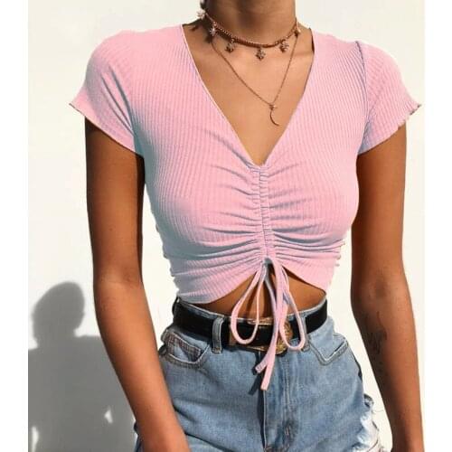 Sexy V Neck Cropped Tank Tops Women Drawstring Tie Up Front Camis Candy Colors Streetwear Slim Fit Ribbed Crop Top 2020