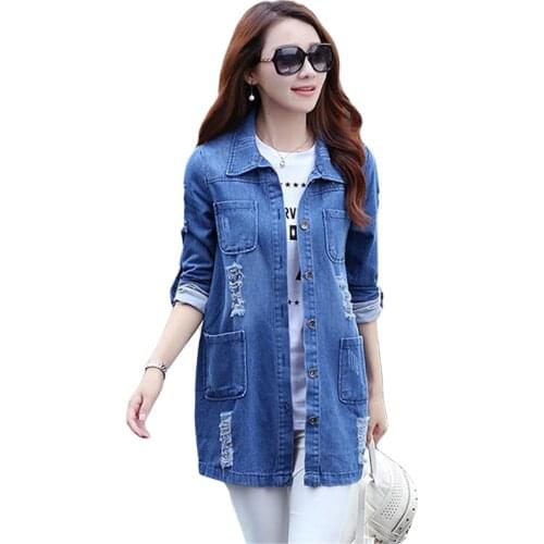 Autumn Fashion Women Denim Jacket Jeans Top Blouses Coat Casual Long Sleeve Hole Pocket Blue Slim Shirts Tops Large Size