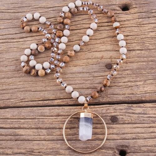 RH Fashion Bohemian Jewelry Natural Stones With Glass Links Round Stone Column Pendant Necklaces For Women Boho Gift