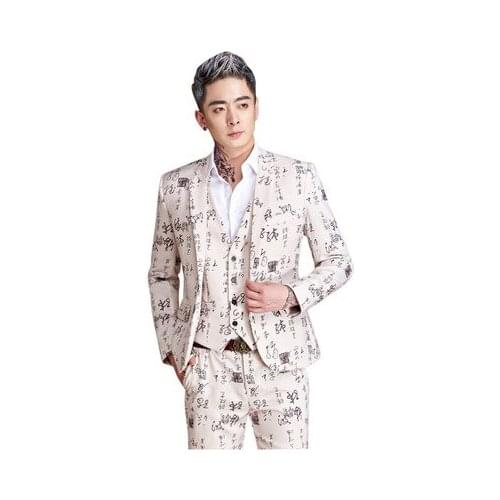 Mens Plus Size 5XL Chinese Characters Print Tunic Suit Stand Collar Costume Male Fashion Casual Wedding Singers Tuxedo