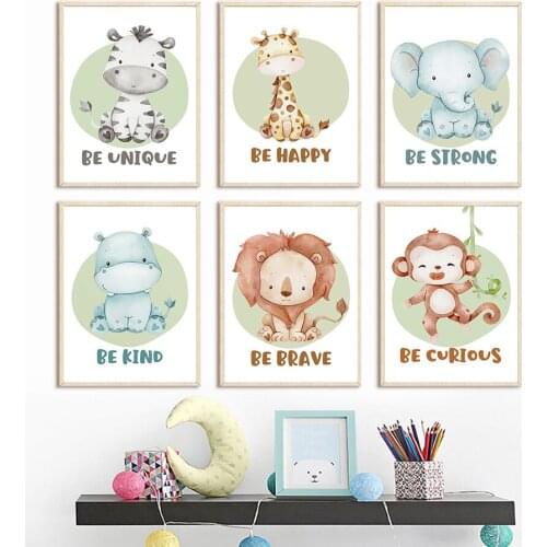 Zebra Elephant Giraffe Cartoon Animals Nordic Posters And Prints Nursery Wall Art Canvas Painting Wall Pictures Child Room Decor