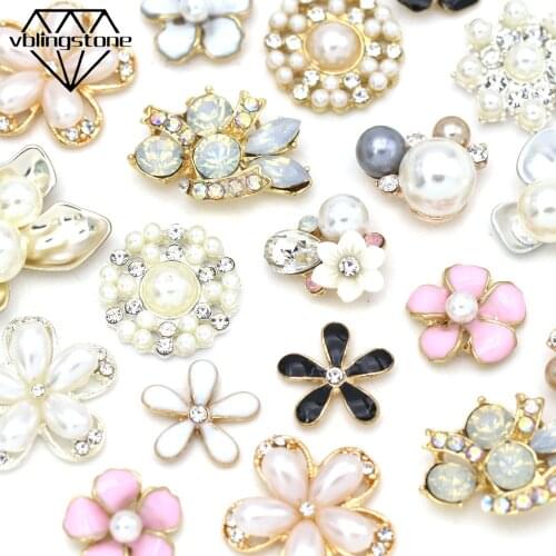 5/10Pcs Flower Rhinestone Buttons Metal Button For Clothes Pearl Cabochon Flat Back Gems Decorative Hair Clip/Brooch DIY Jewelry