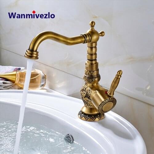 Retro Luxury Antique Brass Faucet 360 Degree Rotation Hot Cold Mixer Bathroom Taps Single Handle Carving European Classic Faucet