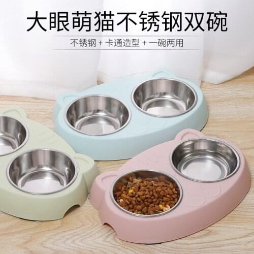 Big Eye Cute Cat Belt Stainless Steel Double Thickened Export Quality Two In One Pet Bowl