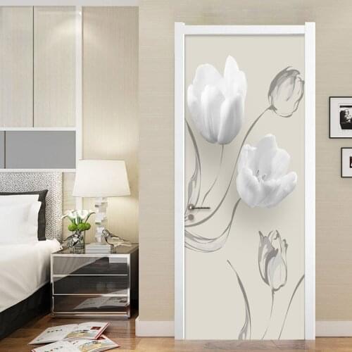 DIY Self-Adhesive Waterproof Door Sticker White Flowers Mural Wallpaper 3D Modern Living Room Bedroom Door Stickers Home Decor