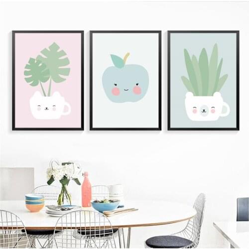 Spray Color Cartoon Animal Panda Rabbit Potted Plant Fruit Canvas Painting Wall Frameless Picture Poster Living Room Decoration