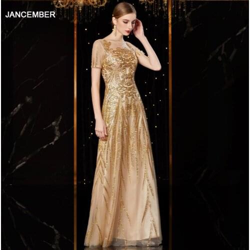 J1938 jancember evening dresses o-neck short sleeve sequin appliques dress for wedding party in evening dresses abiye elbise