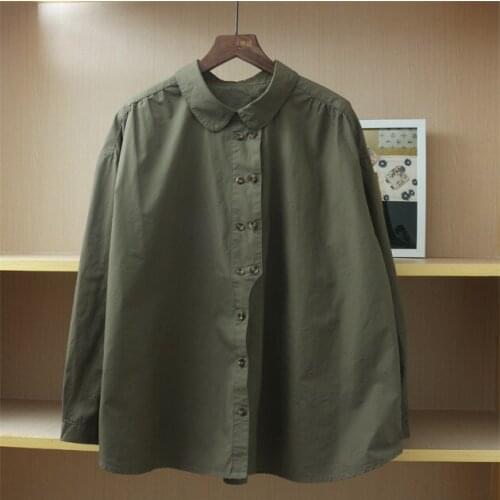 Spring Japanese sen female retro Peter pan collar double-breasted crisp literary shirt cotton pure color contracted blouse
