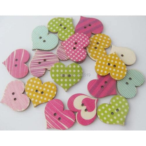 WBNOAA 23MM*26MM Nature wooden printed heart shape sewing buttons mix 120pcs baby button DIY supplies