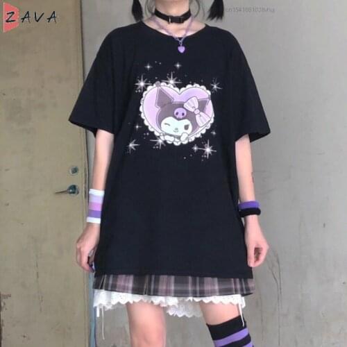Japanese Soft Girl Cotton Cute Cartoon Heart Kuromied Print T-shirt Summer Korean Loose JK Short Sleeve Tees Tops Za Kawaii Y2k