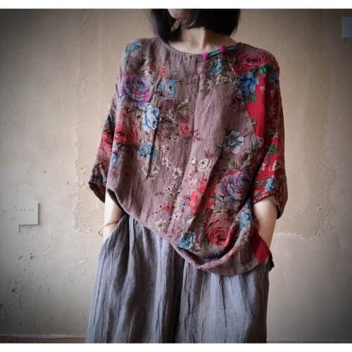 Women Loose Patchwork Printed Blouse Retro Ladies Plus Size Shirt Tops Female 2020 Summer Print Blouses