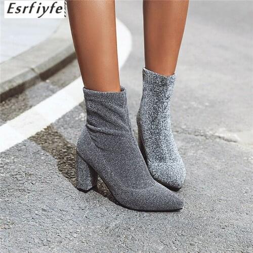 ESRFIYFE 2020 New Women Black Ankle Sock Boots Fashion Spring Autumn Stretch Boots Chunky High Heels Pointed Toe Women Shoes