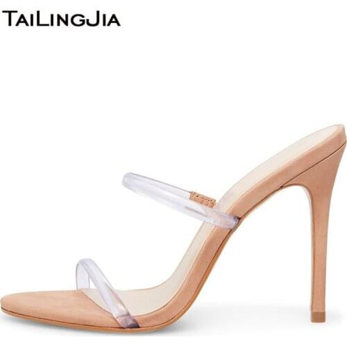 2020 High Heel Clear Sandals Women Heeled Transparent Shoes PVC Strappy Heels Ladies Mules Party Wear Slides Slippers Large Size